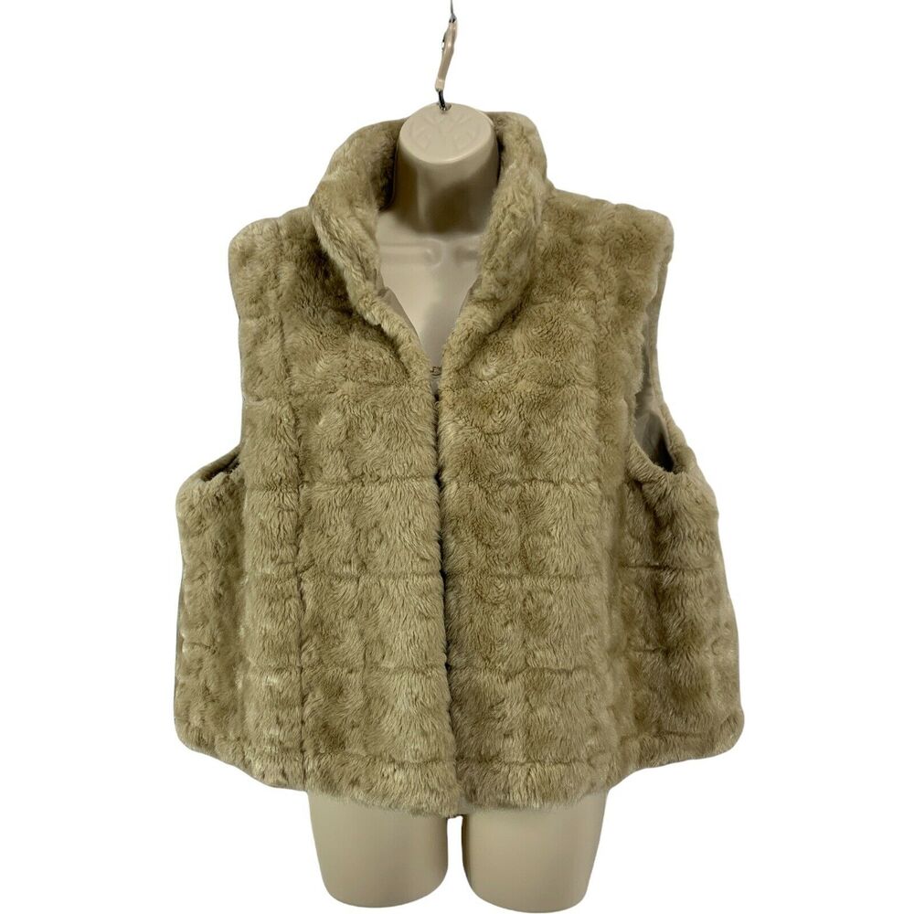 Elle Womens Faux Fur Furry Vest Jacket Size XL Sleeveless Beige w/ Lining